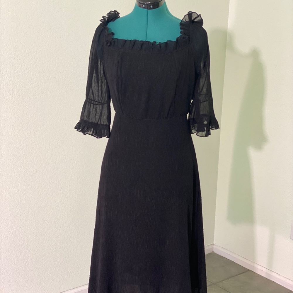 Black long sleeve square neck ruffle dress